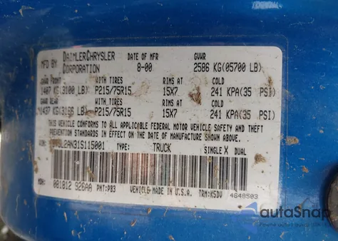 2001 Dodge Dakota Slt/Sport from USA, damaged, VIN 1B7GL2AN31S115001